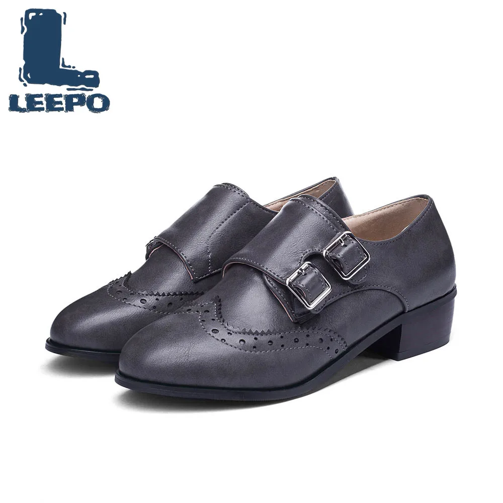 

LEEPO Women's Shoes with Low Heels Woman Buckle Square Heel Women Black Handmade Spring Round Toe Big Size Shose Ladies Pumps