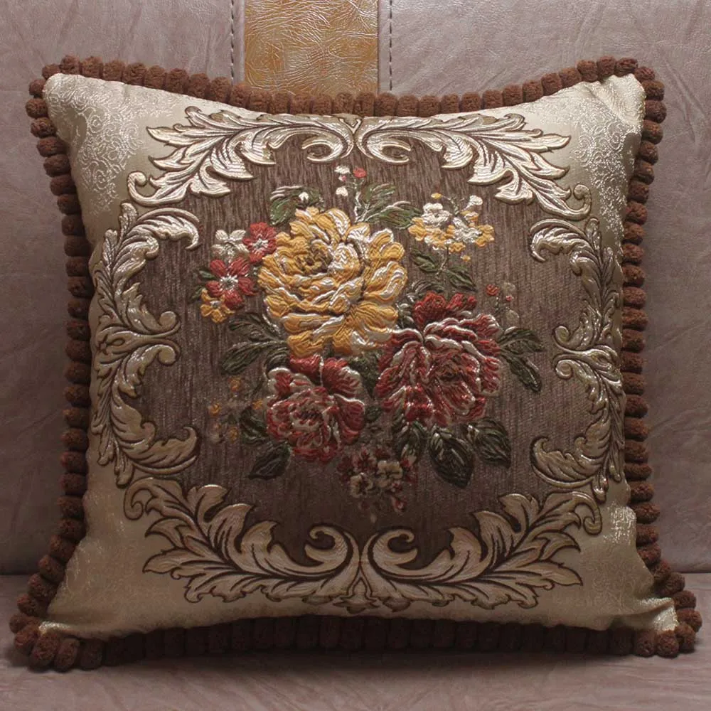 Курсия синель ткань жаккард Чехлы на подушки с вышивкой Королевский Элегантный классический цветочный дом декоративные Роскошные наволочки - Цвет: Coffee