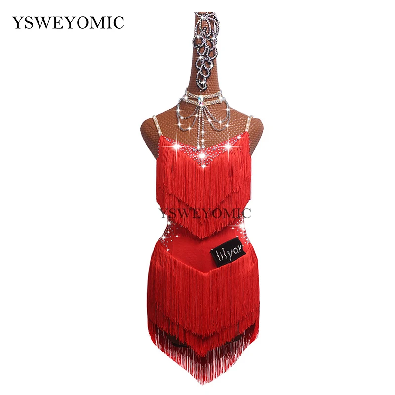 

Girls Latin dress Black White Red Sexy Salsa Fringe Skirt Customized Plus Size Competition Latin Dance Dress For Women