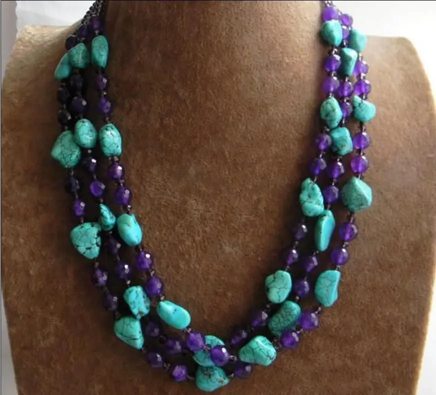 

New 3 Rows Nugget Turquoise & Faceted Purple Amethyst & Crystal Beads Necklace -Top quality free shipping