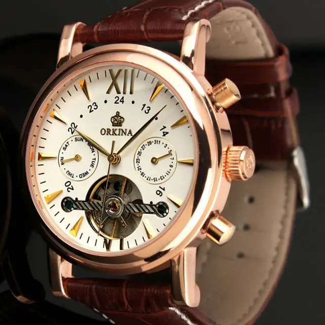 ORKINA классические часы с календарем и датой, автоматический турбийон, коричневый кожаный ремешок, аналоговые Мужские механические часы, розовое золото, Montre Homme