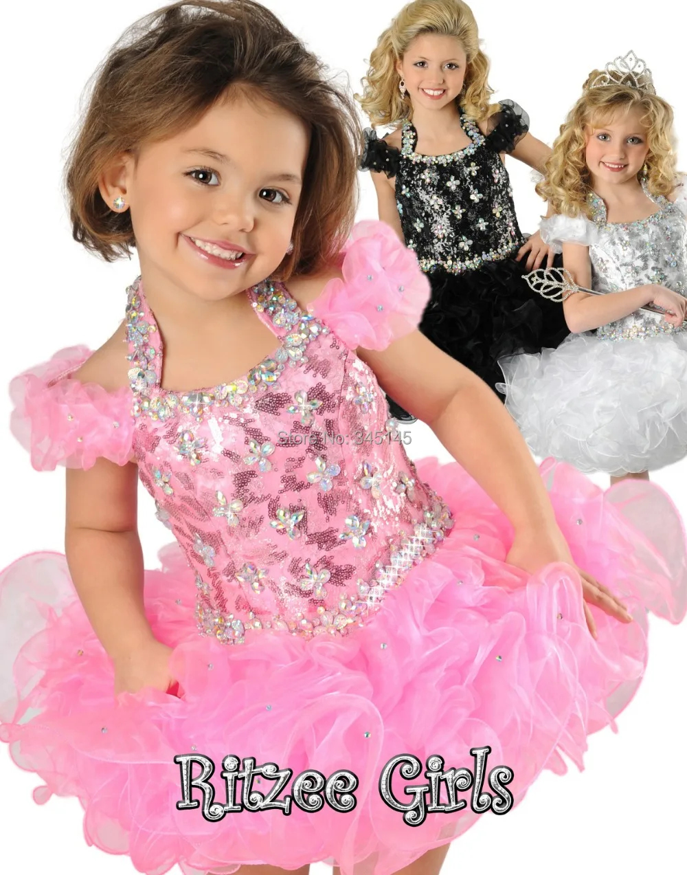 Лучшие продажи! Довольно очаровательный Розовый кристалл холтер бальное платье девушки pageant платья Мини Короткие девушки цветка платья Короткие рукава