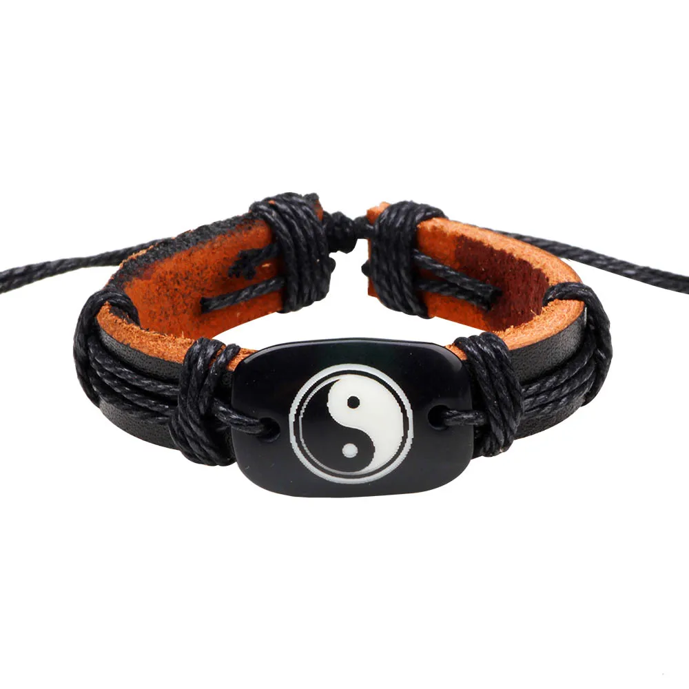 

Men's Bracelet Charm Leather Bracelet Vintage Adjustable Leather Resin Tibetan Yin Yang Charm Bracelet Personality Fashion 2019