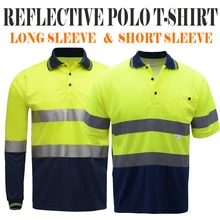 Безопасная Светоотражающая рубашка-поло желтая и темно-синяя двухцветная Рабочая футболка с длинными рукавами и короткими рукавами со светоотражающими лентами