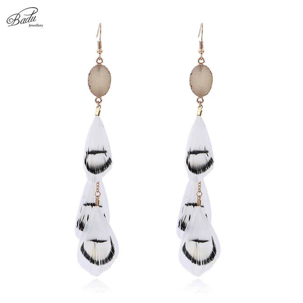 

Badu Long Feather Earring Bohemian Style Women Fashion Jewelry Rock Crystal Pendant Natural Stone Earrings Wholesale