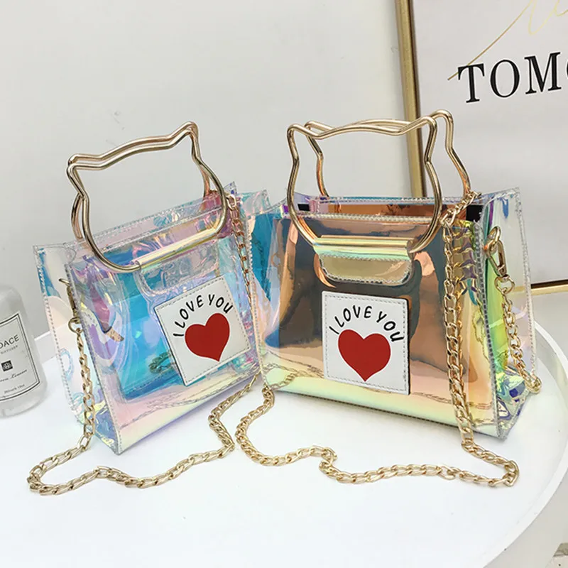 女性ホログラフィッククリアバッグ透明pvc猫メタリックトートバッグ女性ショルダーバッグレーザーホログラムレディーメッセンジャーバッグ