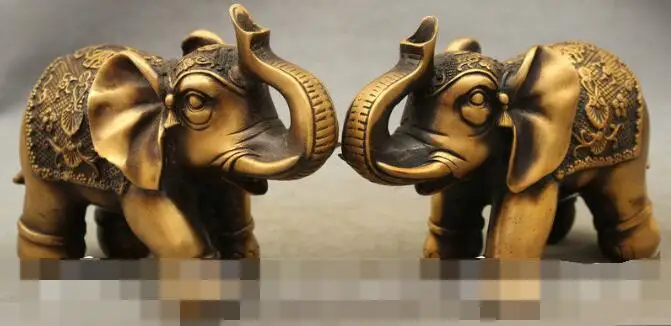 

S5306 Chinese Bronze Wealth Carved Auspicious Flower Pattern Elephant Statue Set Pair