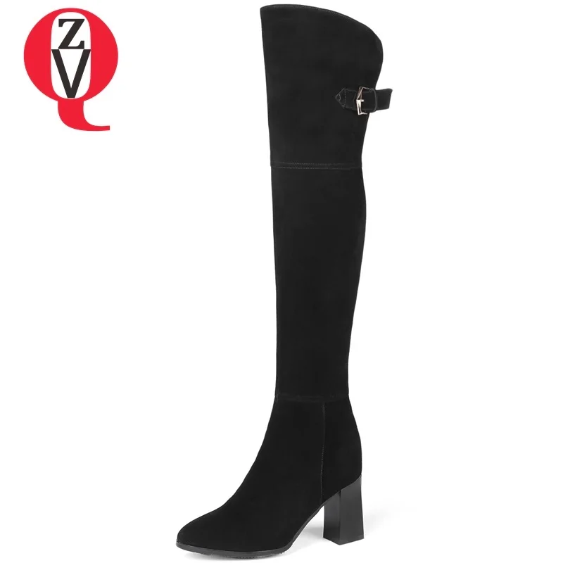 

ZVQ zapatos mujer 2018 newest concise black cow suede round toe super high square heel zipper winter plush warm over knee boots