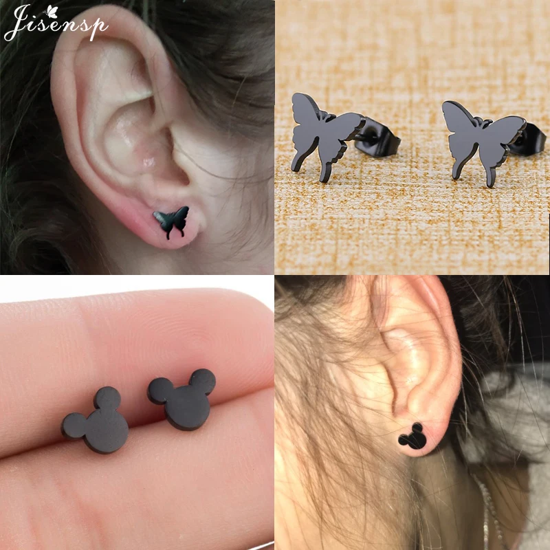 

Jisensp Stainless Steel Butterfly Mickey Stud Earrings for Women Girls Bijoux Femme Black Geometric Earings Fashion Jewelry