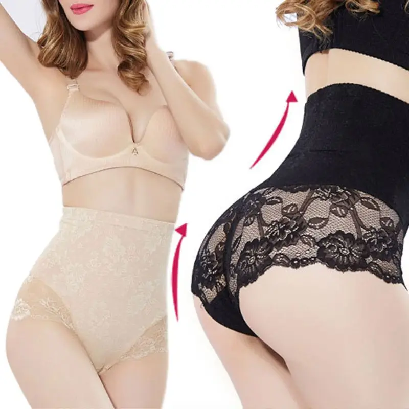 Womens Plus Size High Waist Panties Hollow Out Triangle Seamless Body Shaper Underwear Lace Butt Lifter Wide Waistband Briefs