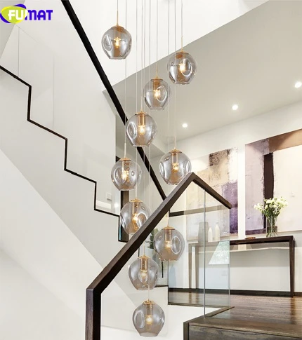 FUMAT MODO Ball Glass Spiral Staircase Villa Ceiling Lamps LED Stair Lamp Light Penthouse Chandeliers Cognac Gray Blue Fixture - Цвет абажура: Gray