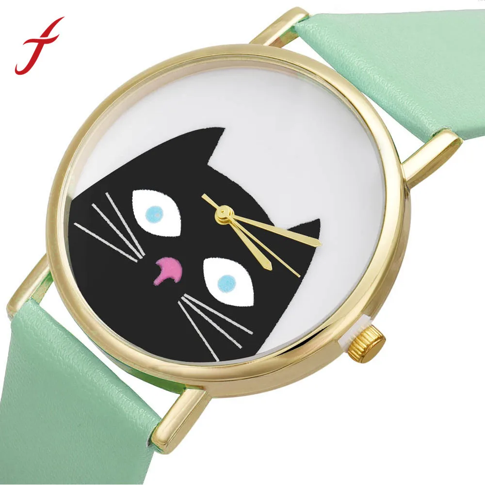 

Feitong New Fashion Women PU Leather Dress Watches Cute Cartoon Cat Band Analog Quartz Wrist Watch Clocks Hours Free Shipping