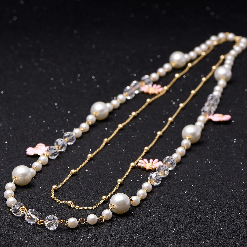 Brightly Simulated Pearl Necklaces Double layer Beads with Four Leaf