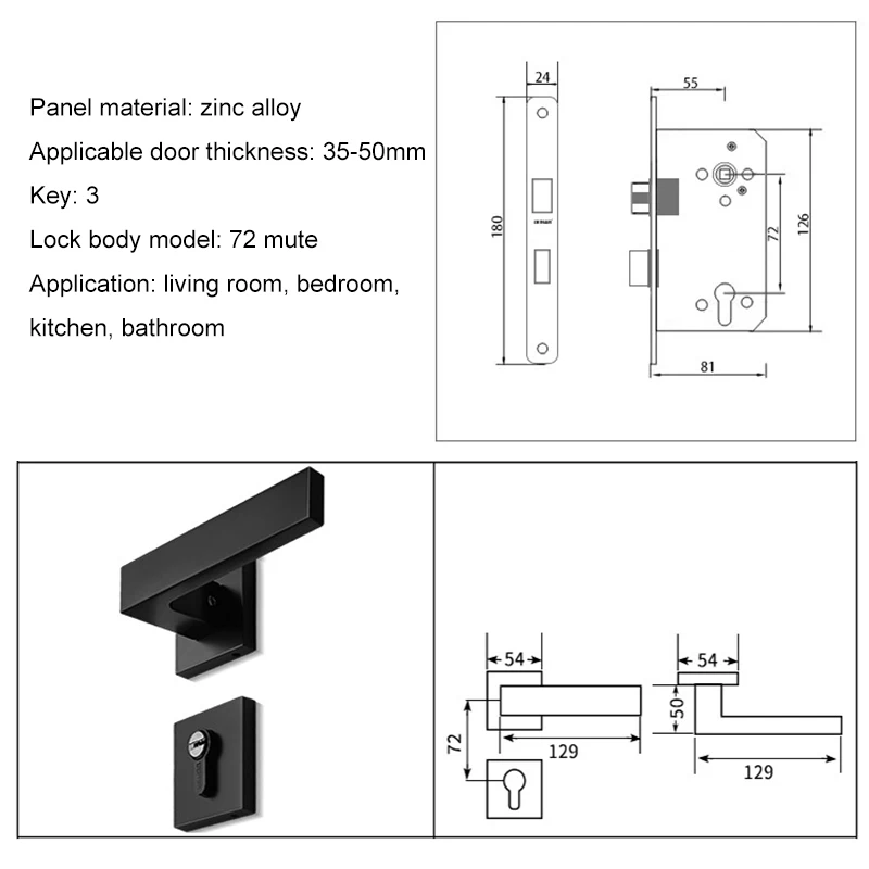 

Black Mute Door Lock Set Reversal Door Lock Kit for 35-50mm Doors Zinc Alloy Handle MAL999