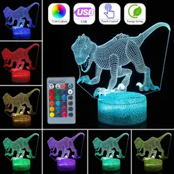 Динозавр 3D иллюзия Лампа животное светодиодный ночник для детей изменение цвета USB пульт дистанционного управления/сенсорная настольная