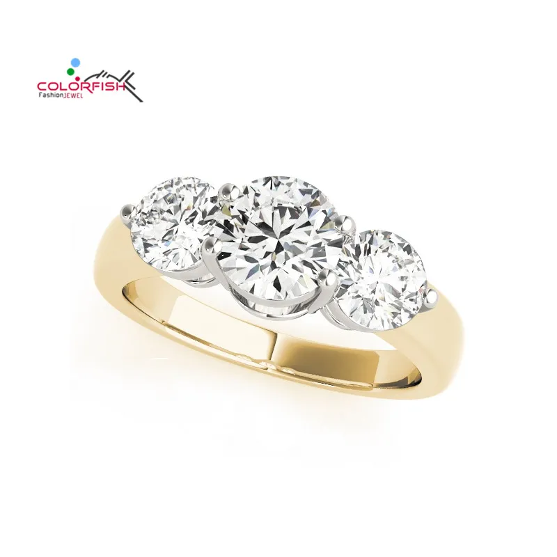 

COLORFISH Yellow Gold Filled 925 Sterling Silver Three Stone Brilliant Round 2 Ct Sona Engagement Ring Two Tone Fashion Jewelry
