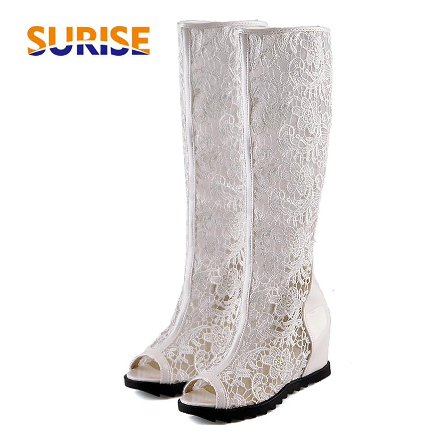 

Woman Summer Long Boots Height Increasing Wedge Heel Open Peep Toe Party Club Lace Mesh Zipper Cool Lady Platform Knee High Boot