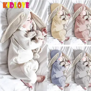 

Kidlove Newborn Cotton Hooded Rompers Sets Rabbit Ear Rompers Jumpsuits Loose Solid Baby's Autumn Long Sleeve warm CLoth san0