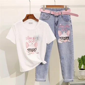 

New Spring Summer 2020 Fashion Women's Sets Cartoon Sequins Beading Short Sleeve T-shirt + High waist Hole Jeans Students Suits