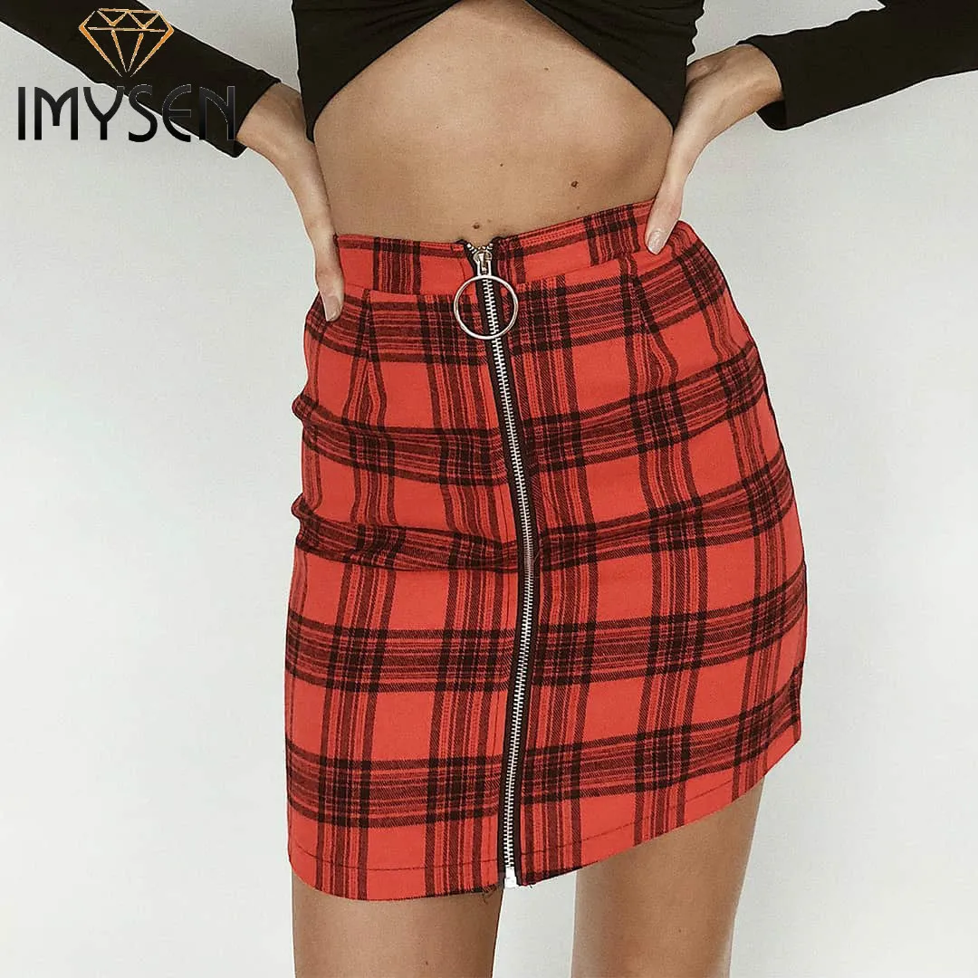 IMYSEN 2018 Autumn Winter New Arrive Plaid Skirts Red Yellow Women