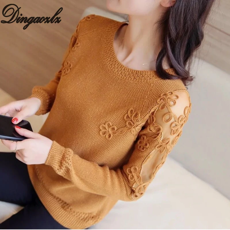 

Dingaozlz Women Pullovers 2018 Sexy Lace Pullover Sweaters Fashion Patchwork Embroidery Collar Knitted Tops Pull Femme