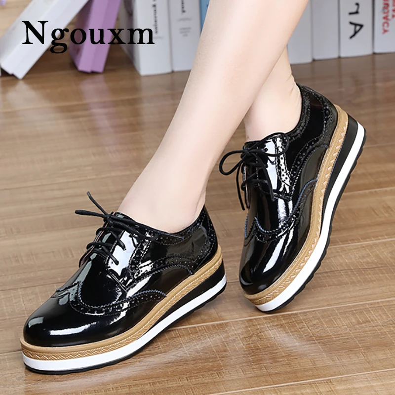 

Ngouxm Spring Autumn Women genuine Leather Derbies woman Shoes Flat platform Black Brogue Shoes ladies Casual zapatos de mujer