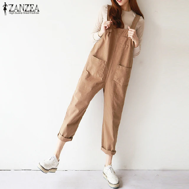 2018 ZANZEA Women Strappy Sleeveless Solid Long Jumpsuits Casual Loose Cotton Linen Rompers Party Overalls Dungarees Plus Size 1