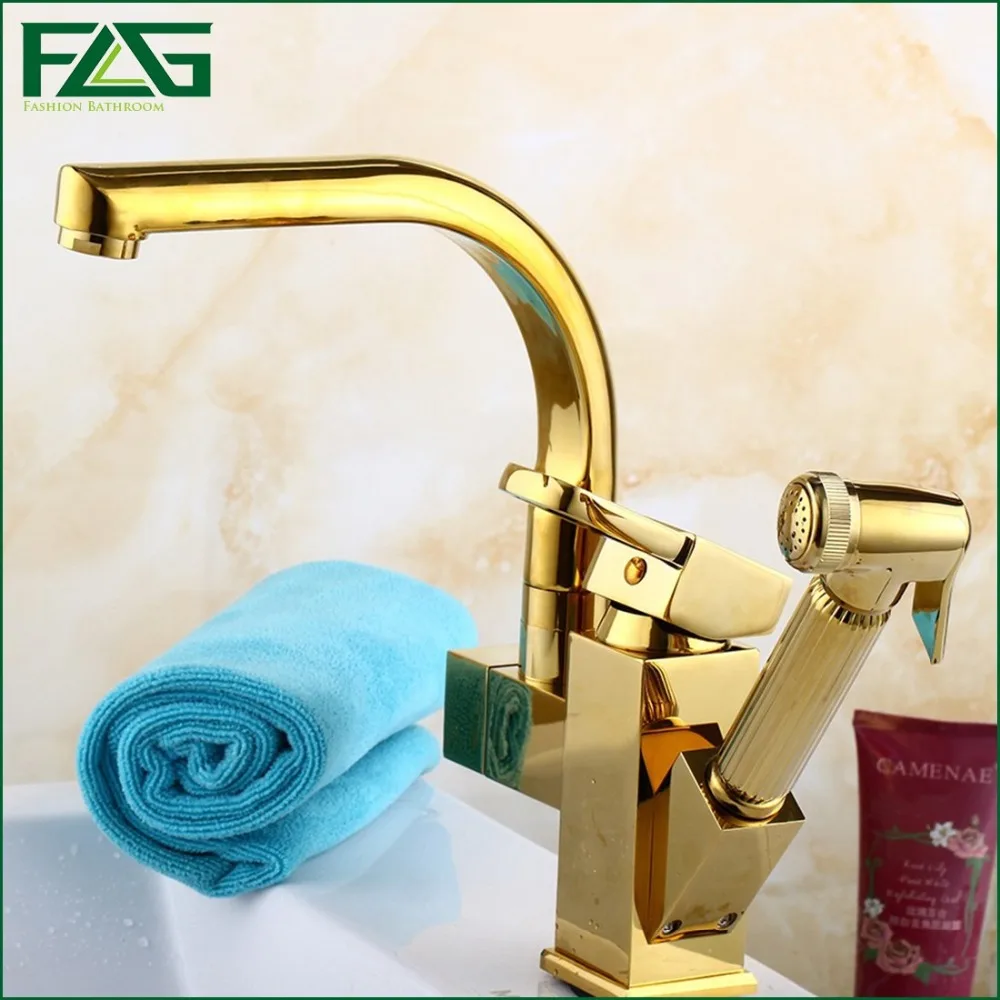 

Kitchen Faucet Pull Out Spray Rotatable Dual Sprayer Deck Mounted Mixer Tap Cold and Hot gold kitchen taps