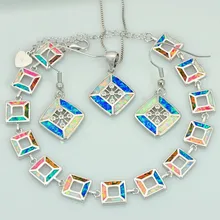 Многоцветный огненный опал 925 пробы серебряный браслет с серьгами и подвеской ожерелье для женщин JSET17120701