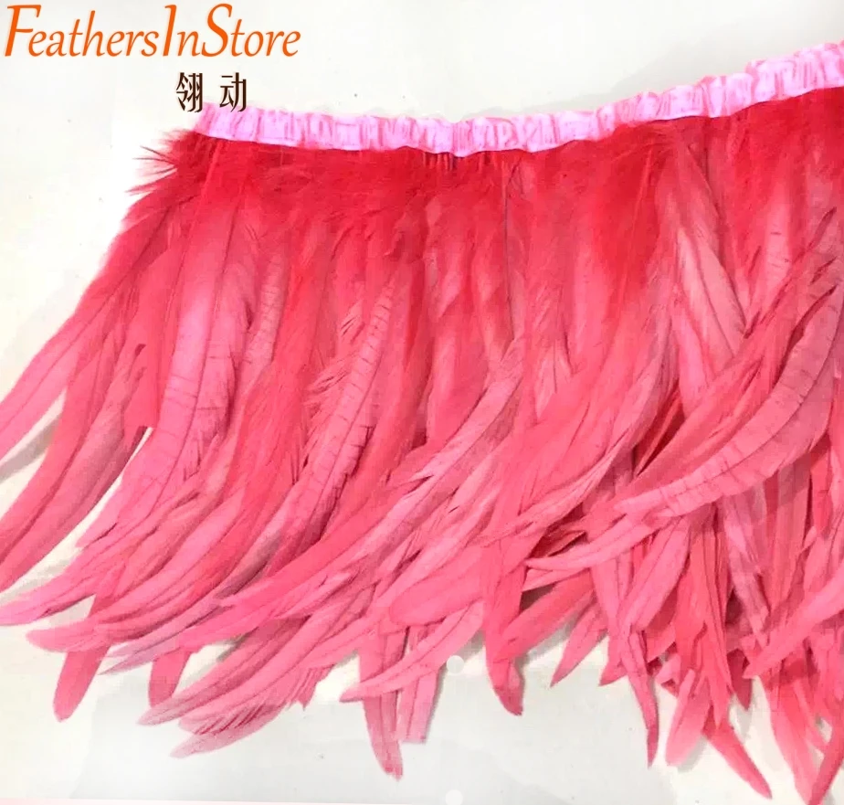 

Fashion Feather 10yards/lot light red Coque Rooster Tail Feather Fringe Rooster feather trimming 14-16inch width