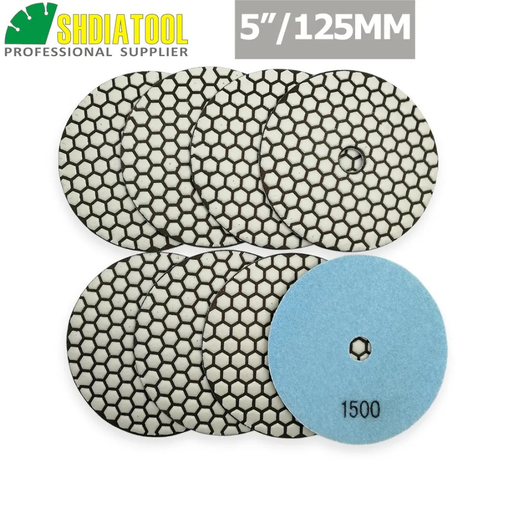 SHDIATOOL 8pcs 5" Grit #1500 B Diamond dry polishing pads 125mm Sanding Disc For Granite Marble Stone Polisher Pad