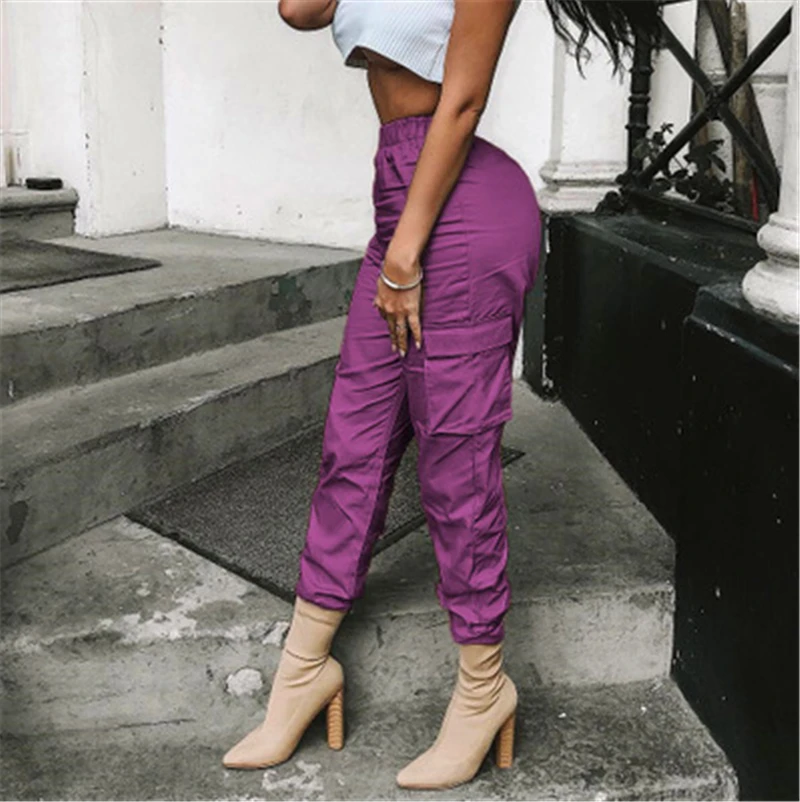 Femme Hop cordón Pantalon Bares Hip Alta Fucsia Pantalones Punk Dos X27s Ancha De Pierna Mujeres Púrpura Estilo Cintura 4FZxw