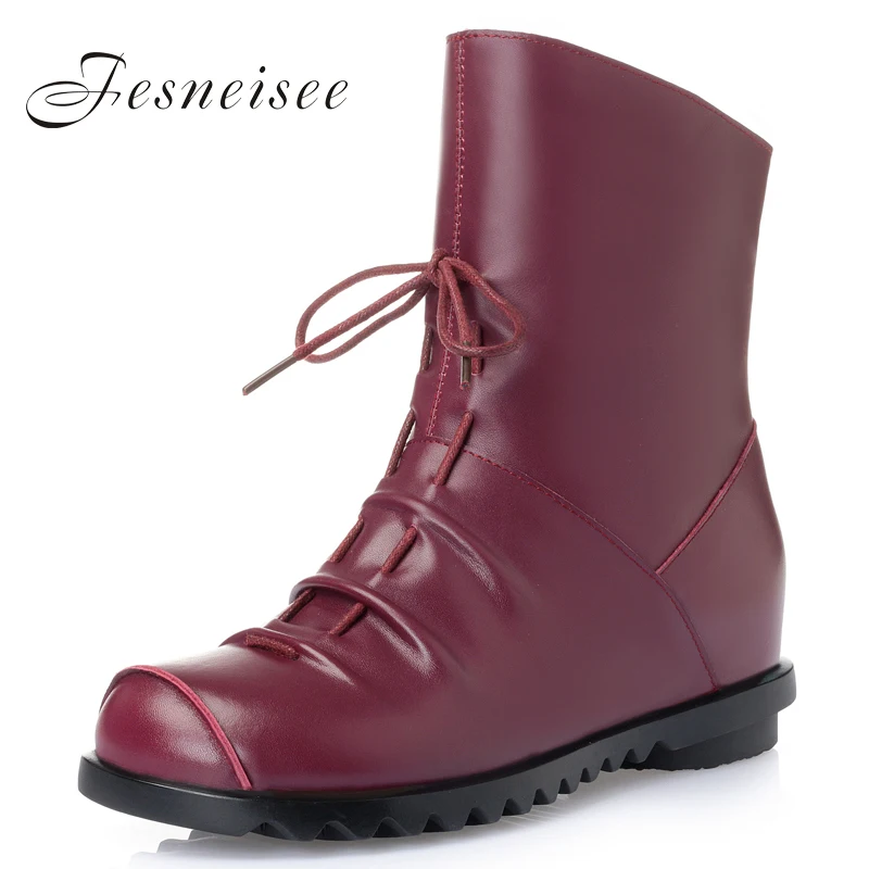 

Plus Size Genuine Leather Women Boots 2019 Spring Autumn Fashion Pleated Ankle Boots Warm Soft Outdoor Casual Flat Shoes M5.0