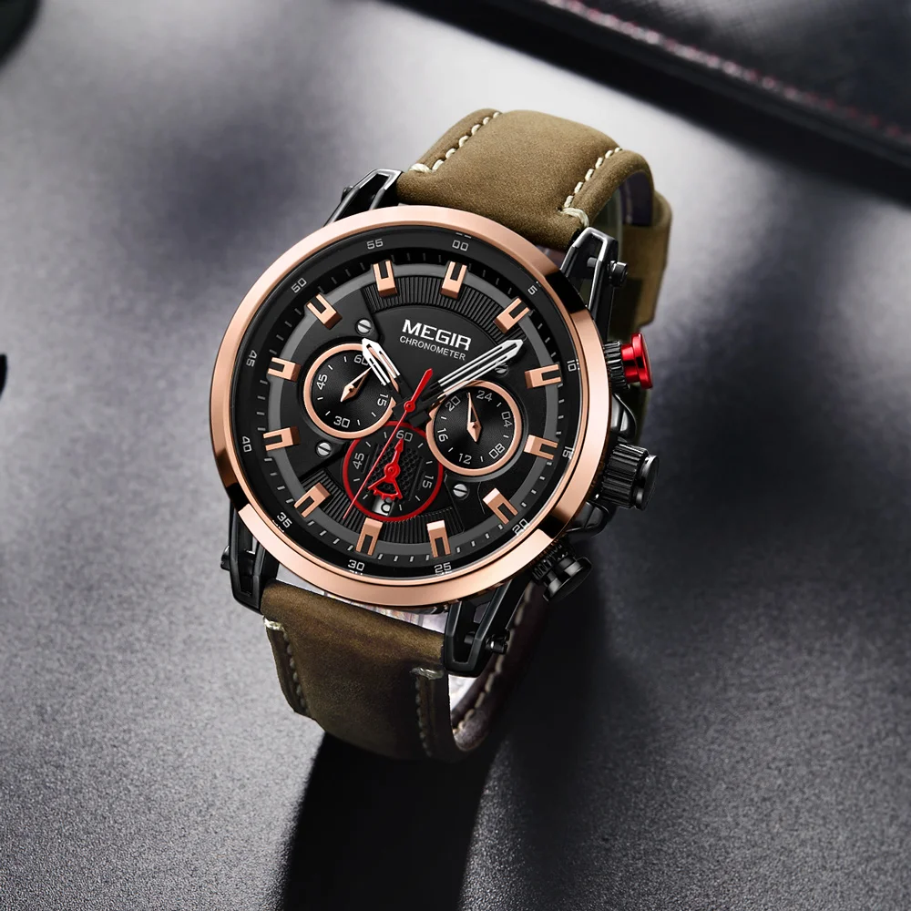 

MEGIR Men Quartz Watches Mens Casual Sport Waterproof Watch Man Fashion Business Leather Strap Wristwatch Relogio Masculino-2085
