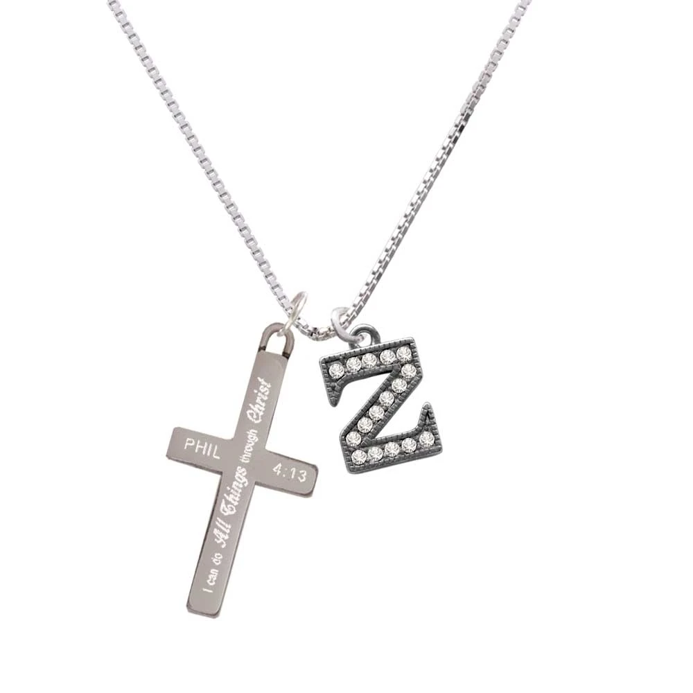 Crystal Black Initial - Z - Beaded Border - - I Can Do All Things - Cross Necklace