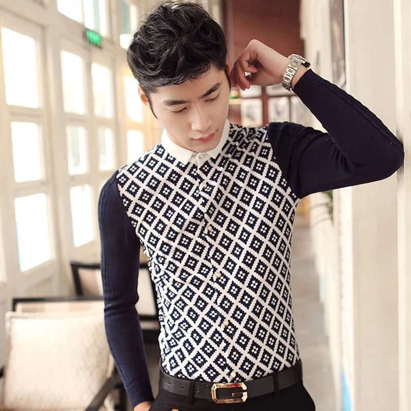 

Spring 2017 men's casual long-sleeved knit shirt sleeve stitching Slim fashion trend of men's plaid shirt