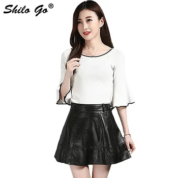 

SHILO GO Leather Skirt Womens Autumn Fashion sheepskin genuine leather Skirt concise loose A Line high waist black sexy skirt