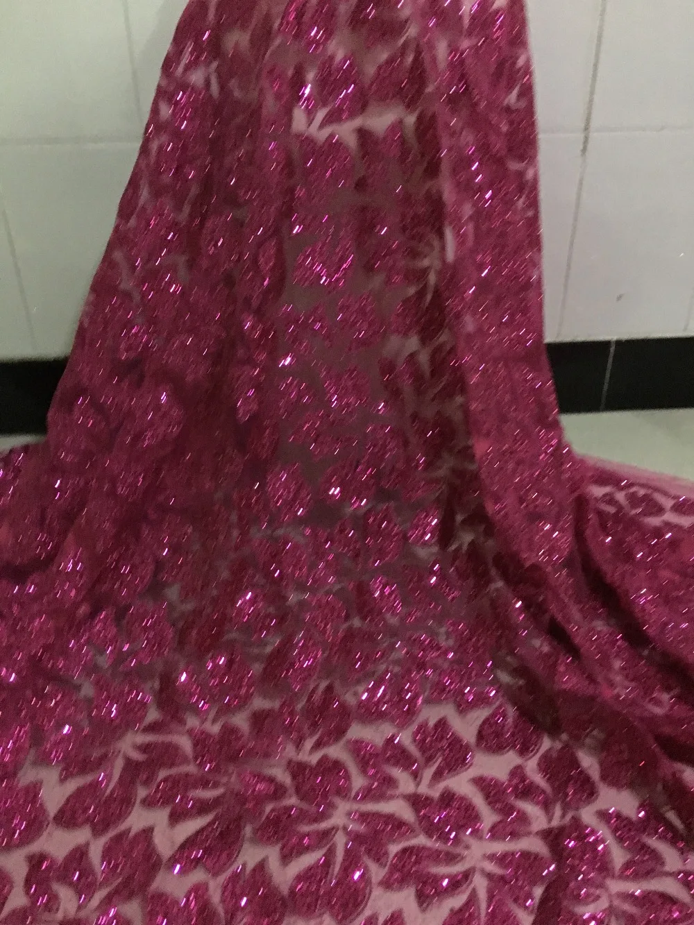 

Red color african lace fabric SUSIA18307 glued glitter sequins French tulle lace fabric