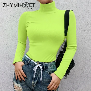 

ZHYMIHRET 2019 Spring Ribbed Turtleneck TShirt Women Fluorescence Long Sleeve T-shirt Knitted Tops Camiseta Mujer Streetwear