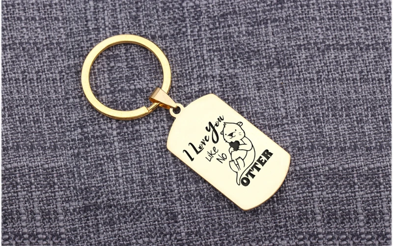 Otter Pup Image Black Leather Keyring in Gift Box