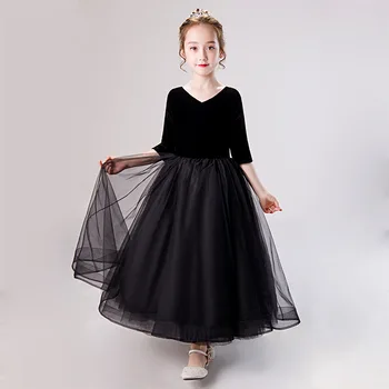 

Caustom made V-neck collar black ball gown dress children girls party dress