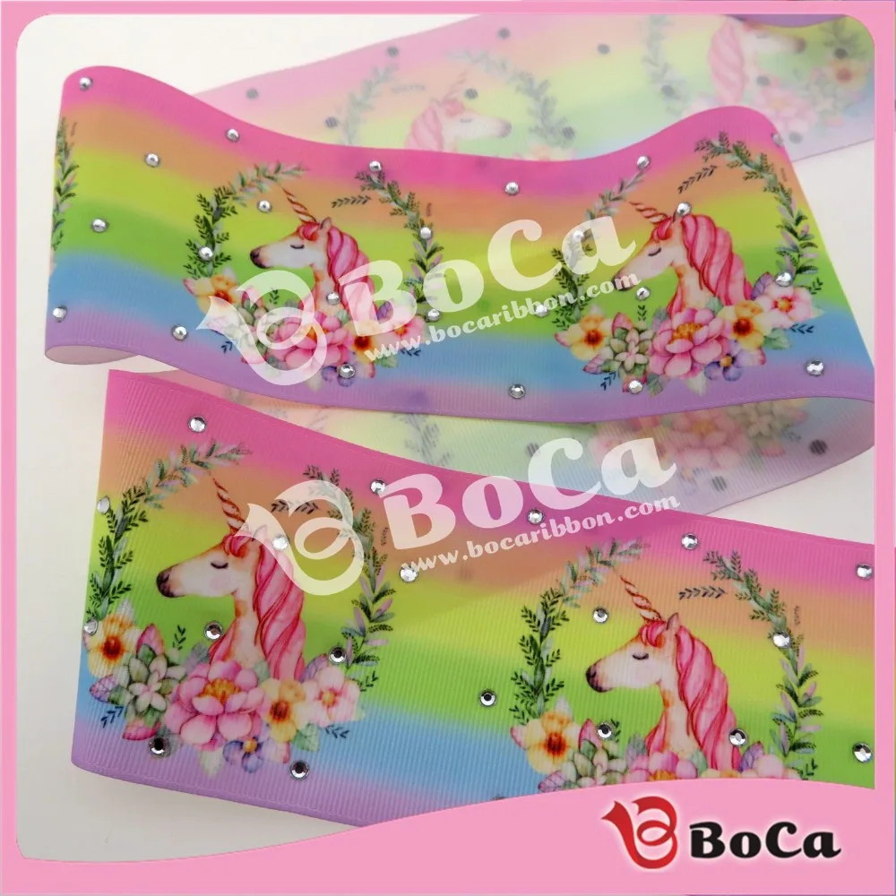 

50 yards/ lot , 75mm unicorn printed design with rhinstones ribbon with good quality , DIY handmade material