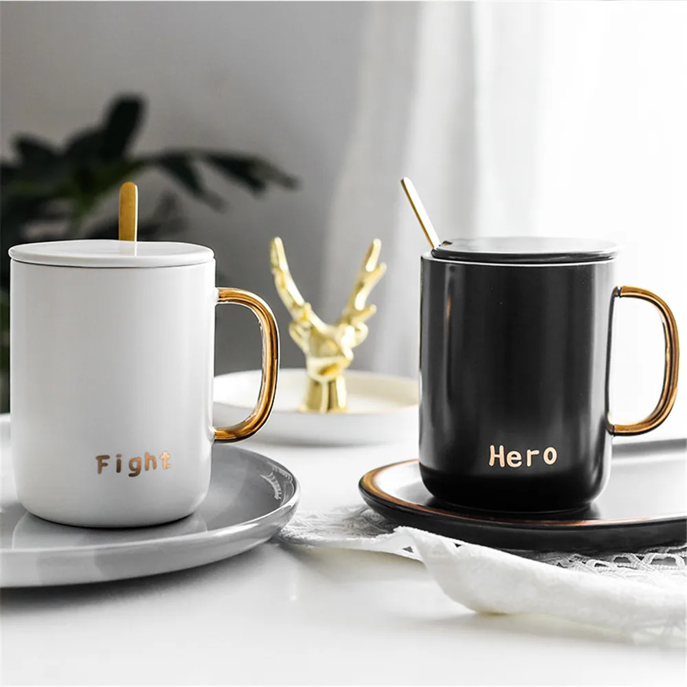 

Black White Ceramic Mug With Spoon Lid Office Home Coffee Milk Breakfast Porcelain Mugs Luxury Couple Gift Wedding Decoration