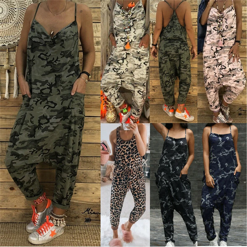 

Fashion Women Strap Sleeveless Straight Pocket Jumpsuit Ladies Leopard print Overalls Streetwear Long Trouser Plus Size S-2XL