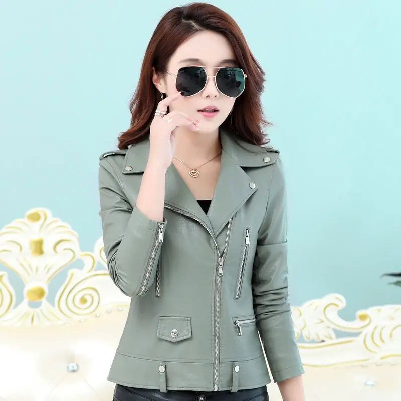 light green Новинка Осень Зима Высокая мода уличная Женская PU Короткая кожаная куртка теплая куртка на молнии имитация верхней одежды тонкого размера плюс QH1052 - Цвет: light green