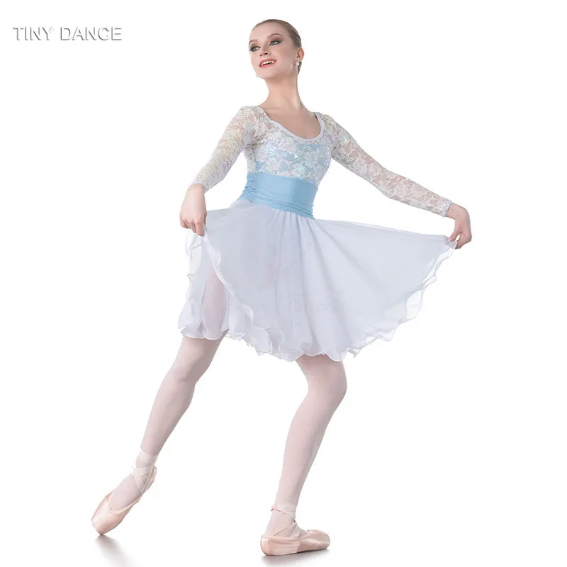 Высокое качество детское и взрослое белое кружевное шифоновое платье с блестками балетный и Лирический и современный танцевальный костюм для выступлений 18427