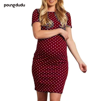 

Poungdudu maternity pregnant women dress women's hot sexy round neck short-sleeved dress wave point maternity dress