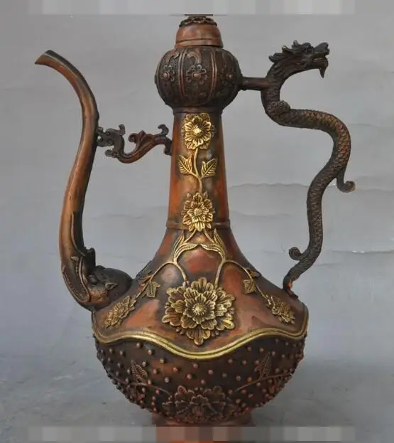 

S00619 12" Chinese Bronze Gilt Carved Flower dragon head statue Wine Tea Pot Flagon (B0413)