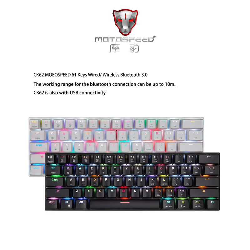 Motospeed CK62 Bluetooth wireless wired gaming mechanical keyboard 61 Keys RGB LED Backlit For Android IOS Mac OS Windows