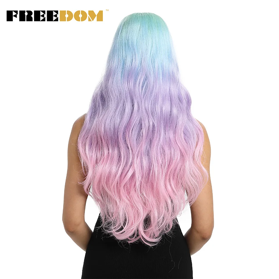 Pelucas delanteras de encaje sintético libertad onda Natural larga 30 pulgadas Omber Arco Iris Color rosa pelucas de pelo resistente al calor Cosplay de fibra pelucas